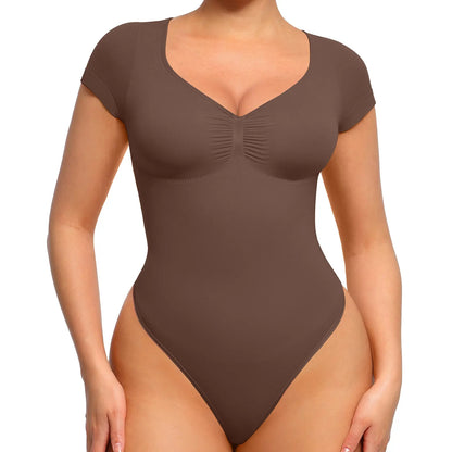 Feelingirl #LIVE Women'S Short Sleeve Bodysuit for Tummy Control V Neck Seamless Body Suits Thong Going Out Tops