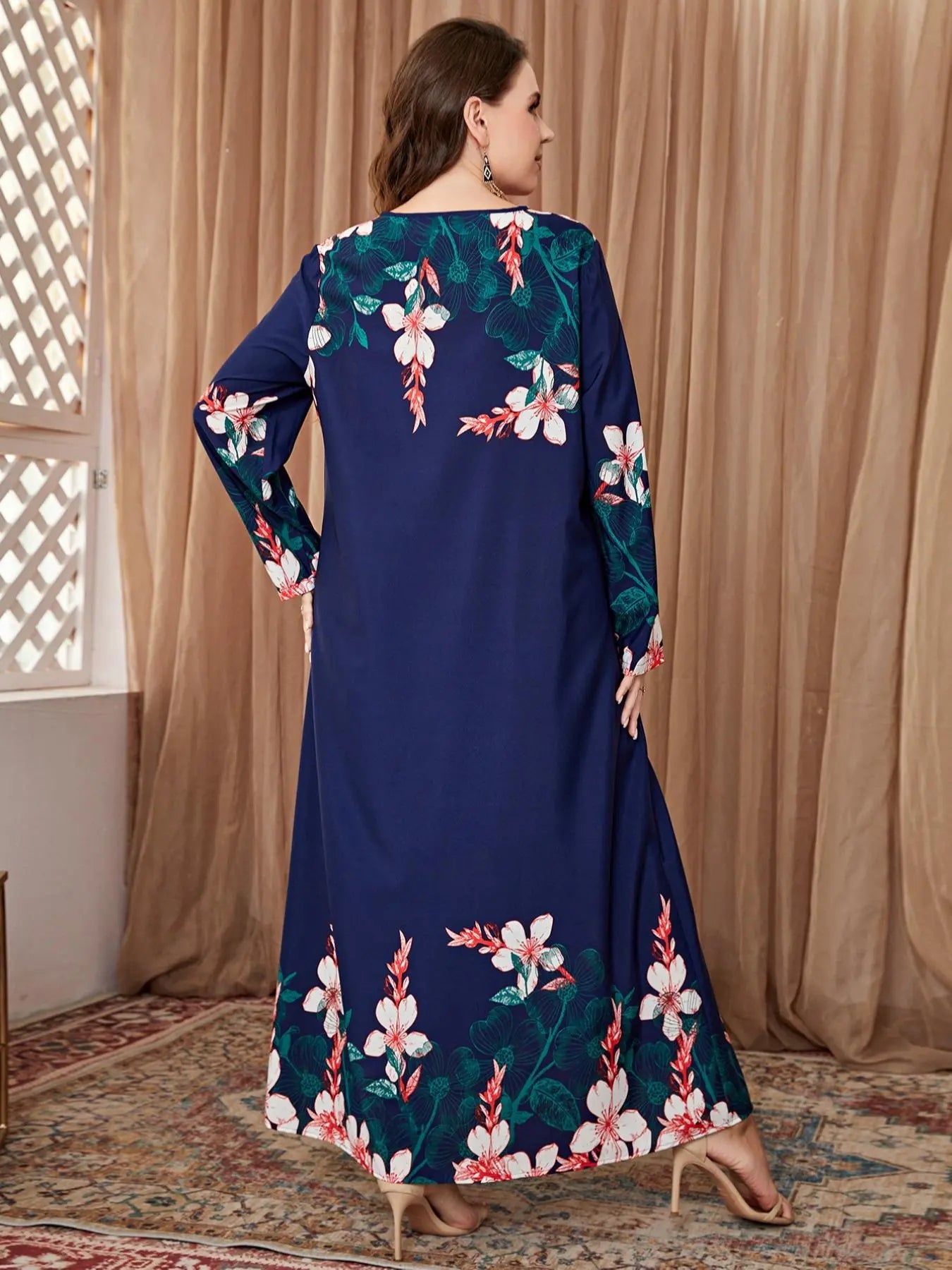 Women'S plus Size Floral Print Long Sleeve round Neck Tunic Dress, Casual Loose Long Dress for Daily Wear, Ladies Fashion Clothes for Autumn