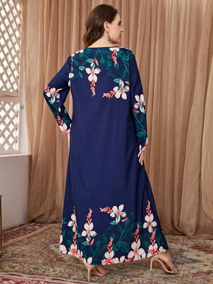 Women'S plus Size Floral Print Long Sleeve round Neck Tunic Dress, Casual Loose Long Dress for Daily Wear, Ladies Fashion Clothes for Autumn