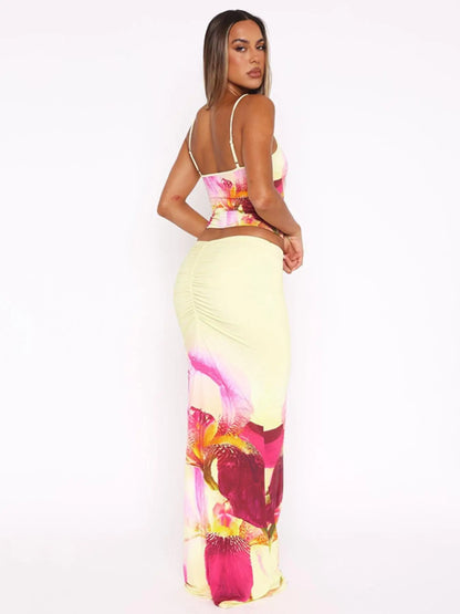 Women'S Floral Print Knit Cami Top & Skirt Two-Piece Set, Womenswear Casual Sleeveless Top & Skirt for Summer, Ladies Clothes for Beach Holiday Vacation, Matching Clothing Set Women, Cute Summer Outfit