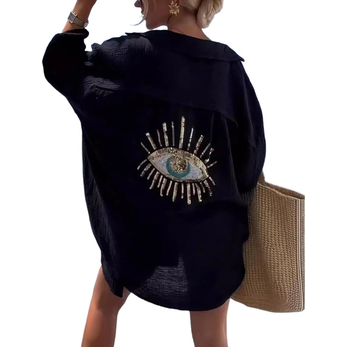 Oversized Sequin Evil Eye Shirts Long Sleeve Linen Button down Shirt Women Beach Cover Ups Summer