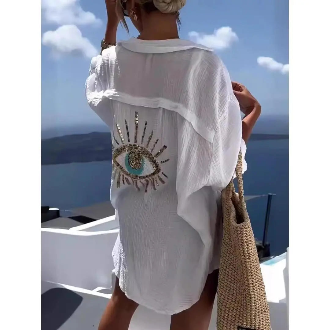 Oversized Sequin Evil Eye Shirts Long Sleeve Linen Button down Shirt Women Beach Cover Ups Summer