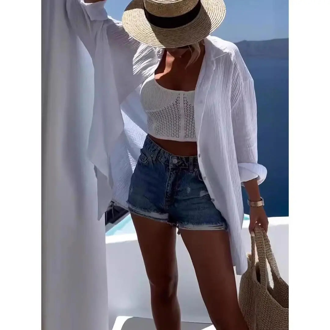 Oversized Sequin Evil Eye Shirts Long Sleeve Linen Button down Shirt Women Beach Cover Ups Summer