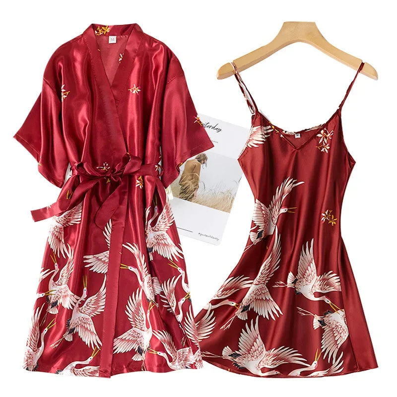 Kyoto Crane Satin Robe Set