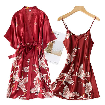Kyoto Crane Satin Robe Set