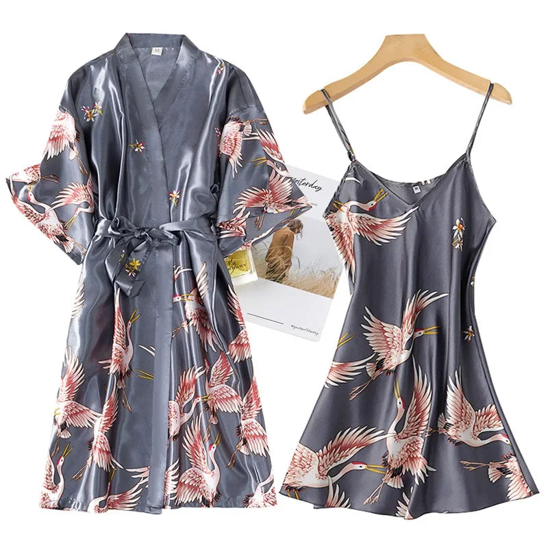 Kyoto Crane Satin Robe Set