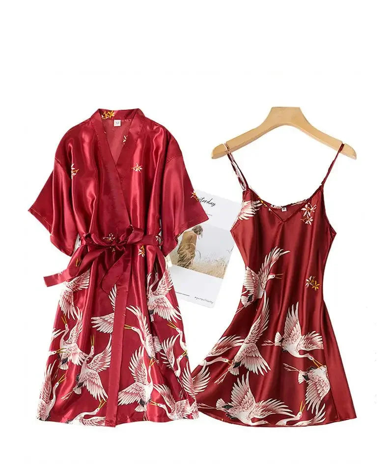 Kyoto Crane Satin Robe Set