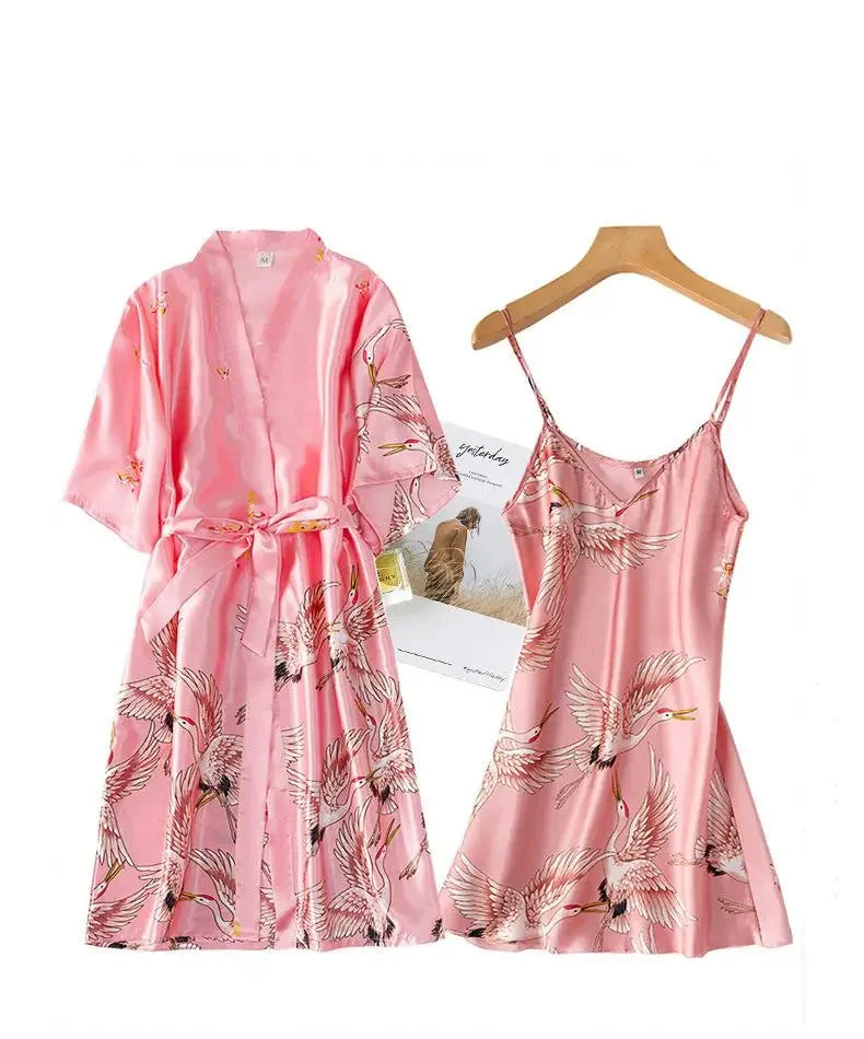 Kyoto Crane Satin Robe Set