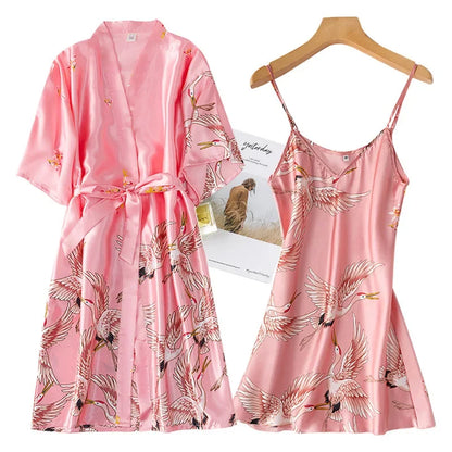 Kyoto Crane Satin Robe Set