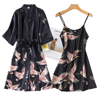 Kyoto Crane Satin Robe Set