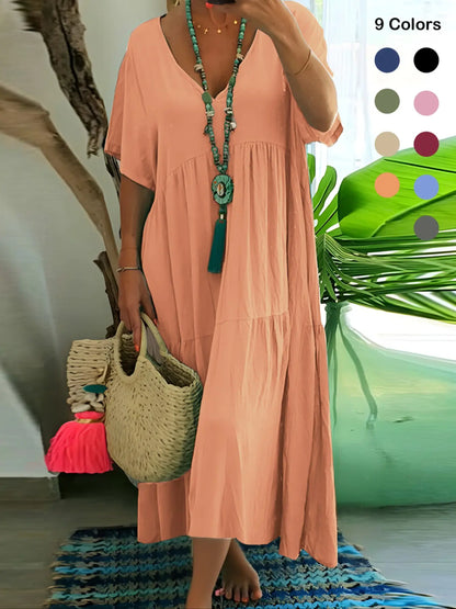 Plus Size Women'S Summer Casual Loose V-Neck Plain Long Dress, Boho Style, Short Sleeve, Tiered Layer, Spring & Fall Fashion
