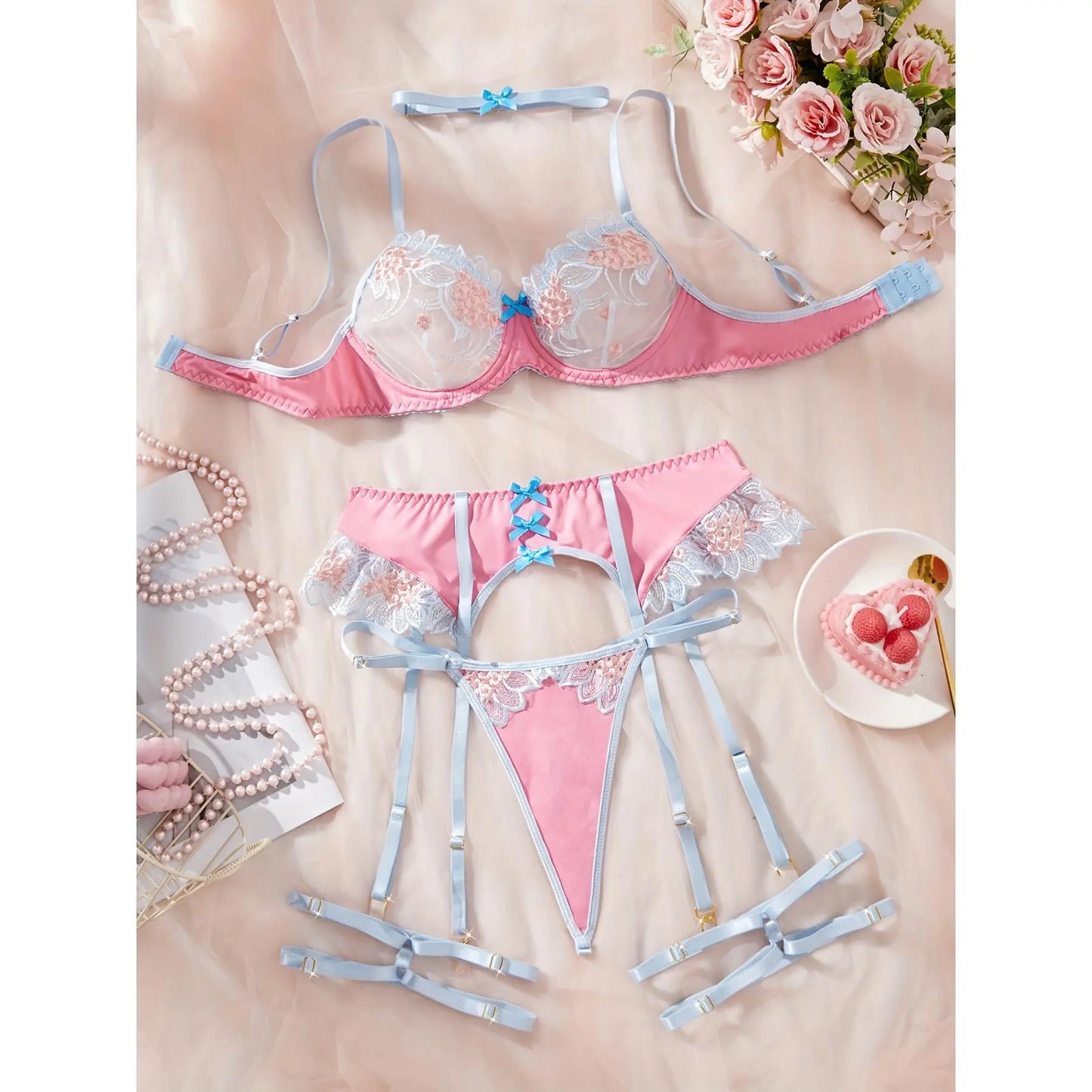 Women'S Sexy Sheer Satin Tulle Lingerie Set - Floral Embroidery, V-Neck Backless Bra with Underwire - Perfect for a Romantic Night Lace Contrast