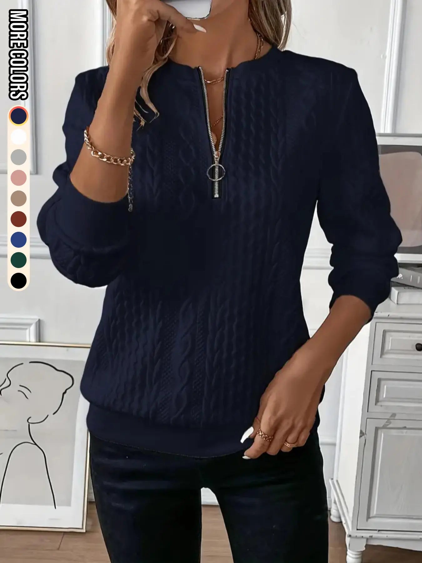 Women'S Plain Textured Half Zip up Sweatshirt, Casual Long Sleeve round Neck Pullover for Fall & Winter, Ladies Clothes for Daily Wear