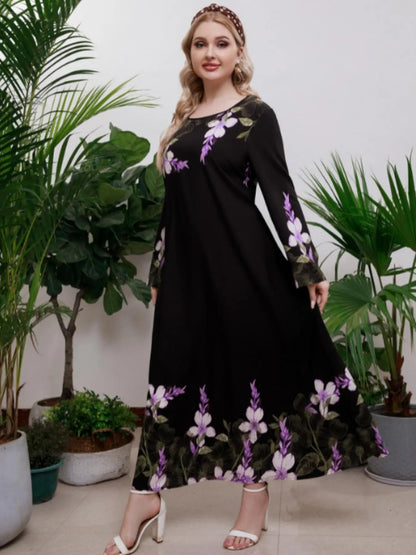 Women'S plus Size Floral Print Long Sleeve round Neck Tunic Dress, Casual Loose Long Dress for Daily Wear, Ladies Fashion Clothes for Autumn