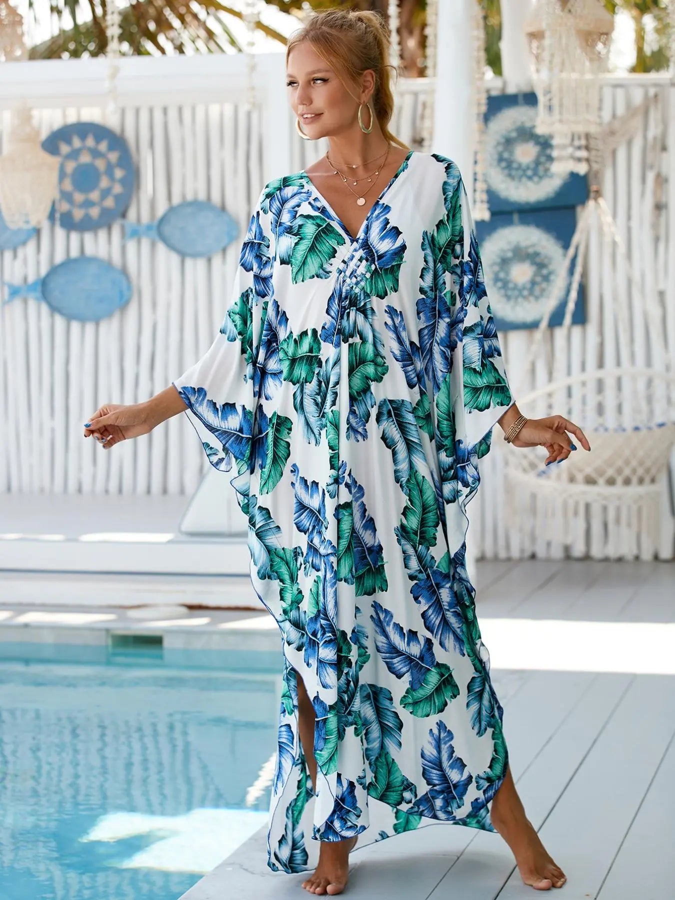 Women'S Leaf Print Batwing Sleeve Split Hem Kimono, Boho Casual Long Sleeve V Neck Kimono for Spring & Fall, Women'S Clothing for Beach Holiday Vacation, Beach Cover Up, Swimsuit Cover Up