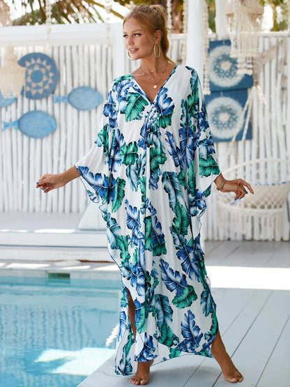 Women'S Leaf Print Batwing Sleeve Split Hem Kimono, Boho Casual Long Sleeve V Neck Kimono for Spring & Fall, Women'S Clothing for Beach Holiday Vacation, Beach Cover Up, Swimsuit Cover Up
