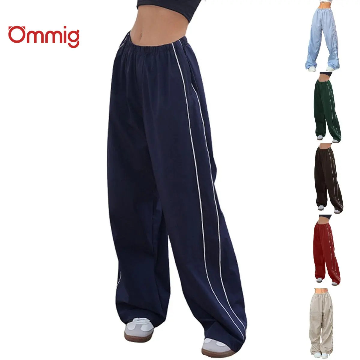 Ommig Women's Y2K Wide Leg Parachute Pants with Elastic Waist - Casual Baggy Trousers