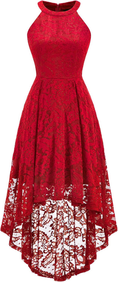 Women Halter Lace Wedding Guest Dress Hi-Lo Cocktail Party Bridesmaid Formal Dresses