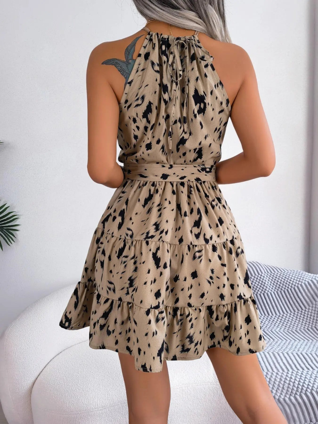 Women'S Leopard Print Ruffle Hem Belted Dress, Casual Sleeveless Halter Neck a Line Short Dress, Women'S Clothes for Beach Holiday, Casual Dresses