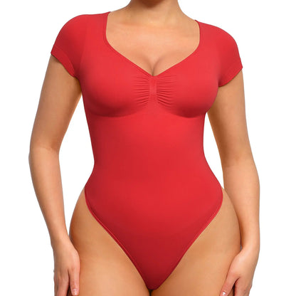 Feelingirl #LIVE Women'S Short Sleeve Bodysuit for Tummy Control V Neck Seamless Body Suits Thong Going Out Tops