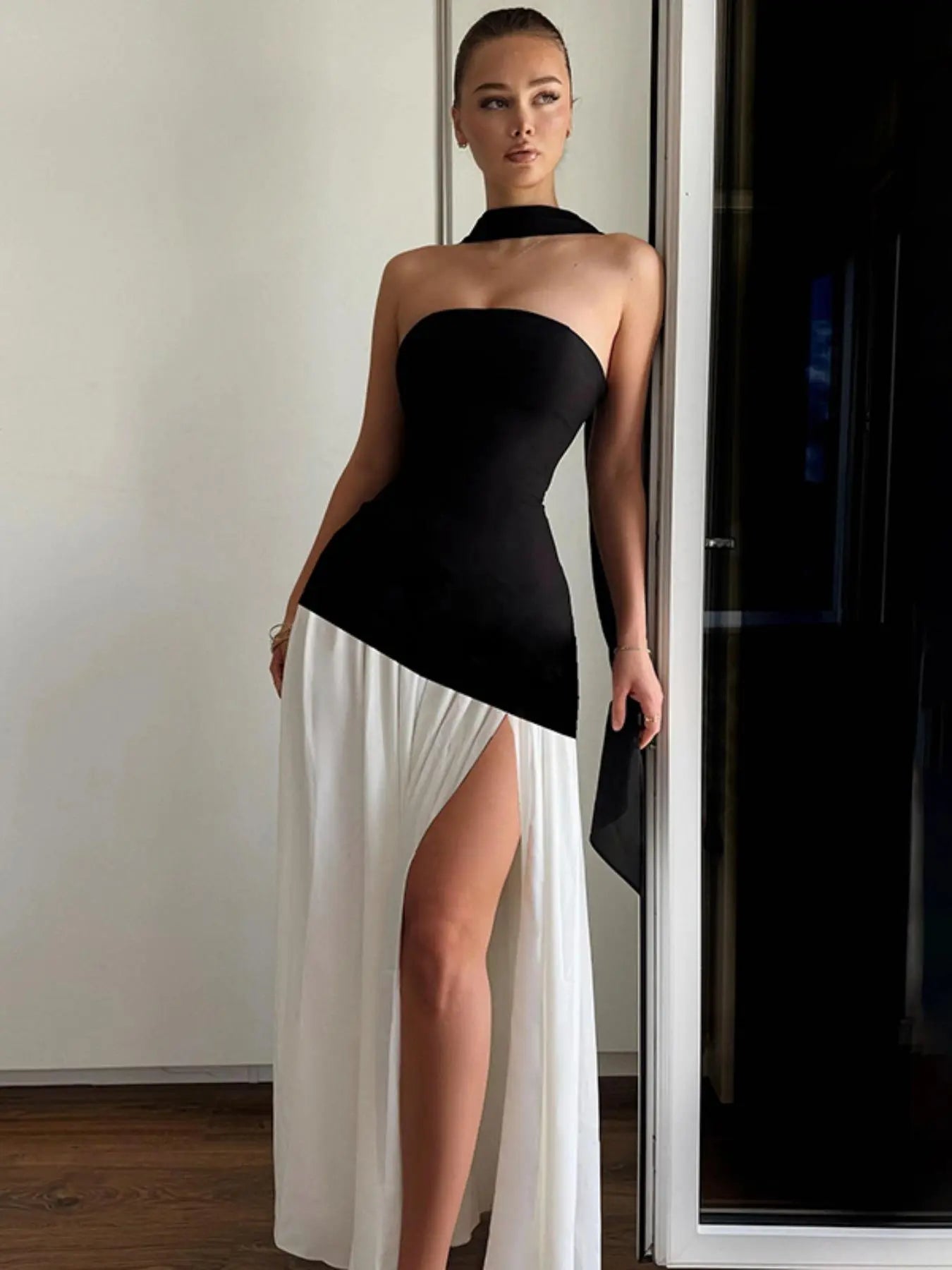 Women'S Plain Split Thigh Tube Dress with Scarf, Elegant Strapless Sleeveless Dress for Party Club Beach Vacation, Ladies Clothes for All Seasons Womenswear