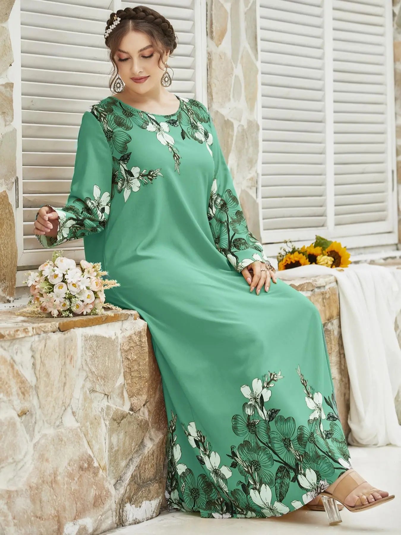 Women'S plus Size Floral Print Long Sleeve round Neck Tunic Dress, Casual Loose Long Dress for Daily Wear, Ladies Fashion Clothes for Autumn