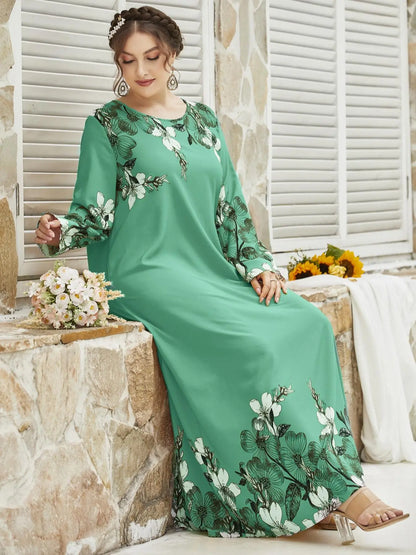 Women'S plus Size Floral Print Long Sleeve round Neck Tunic Dress, Casual Loose Long Dress for Daily Wear, Ladies Fashion Clothes for Autumn