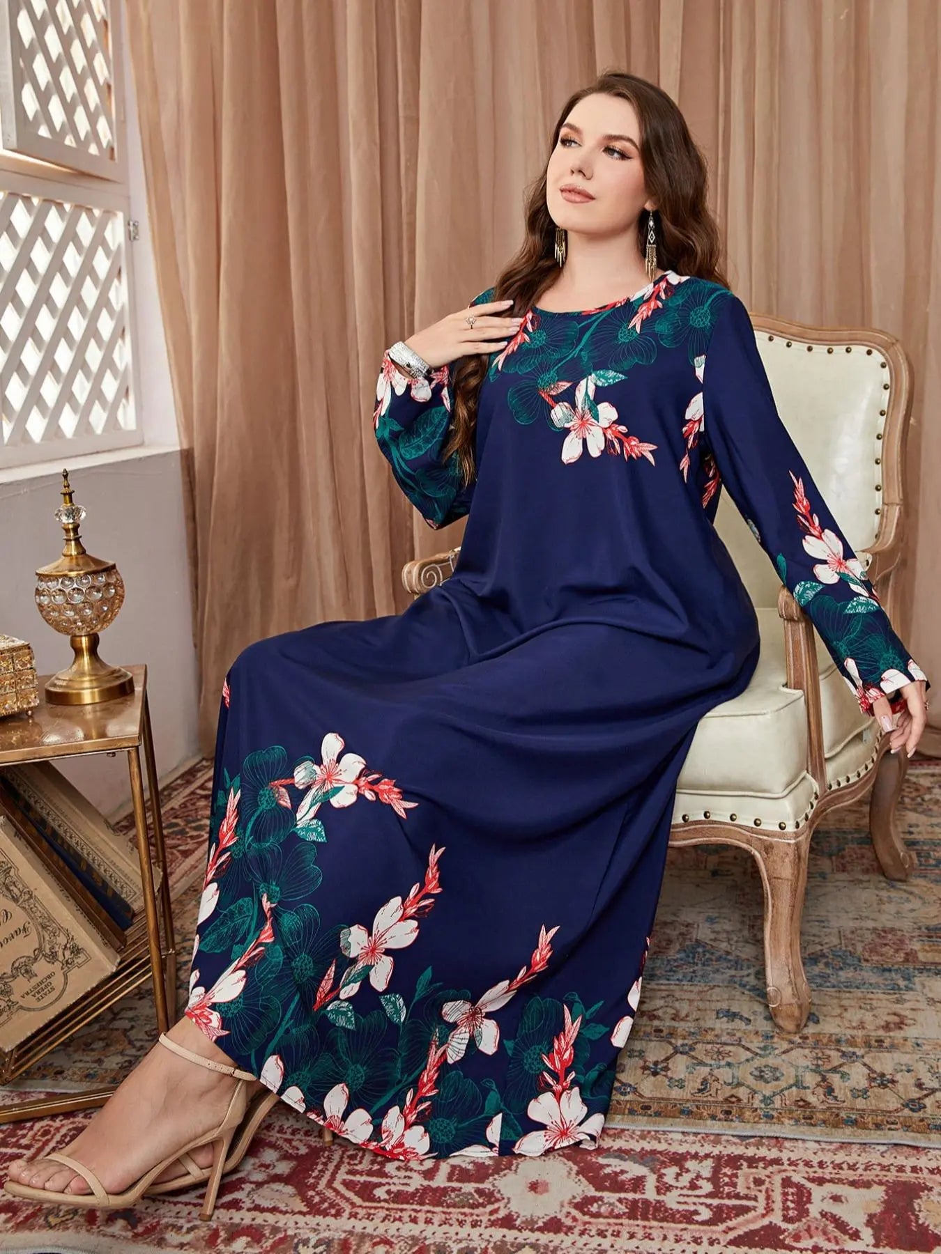 Women'S plus Size Floral Print Long Sleeve round Neck Tunic Dress, Casual Loose Long Dress for Daily Wear, Ladies Fashion Clothes for Autumn