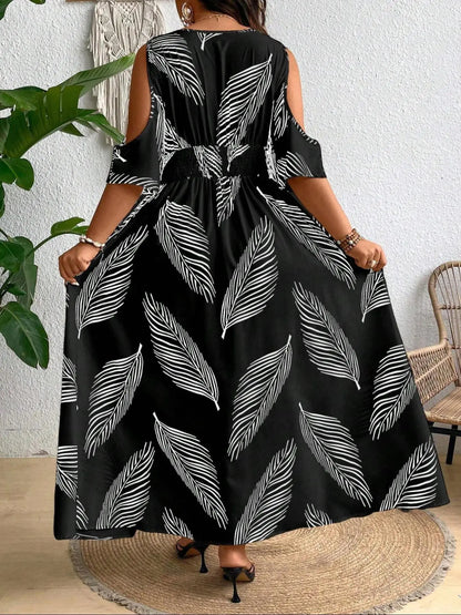 【Plus Size】 All over Print Split Hem Dress, Casual Cold Shoulder Boho Dress for Summer, Women'S Clothes for Daily Wear