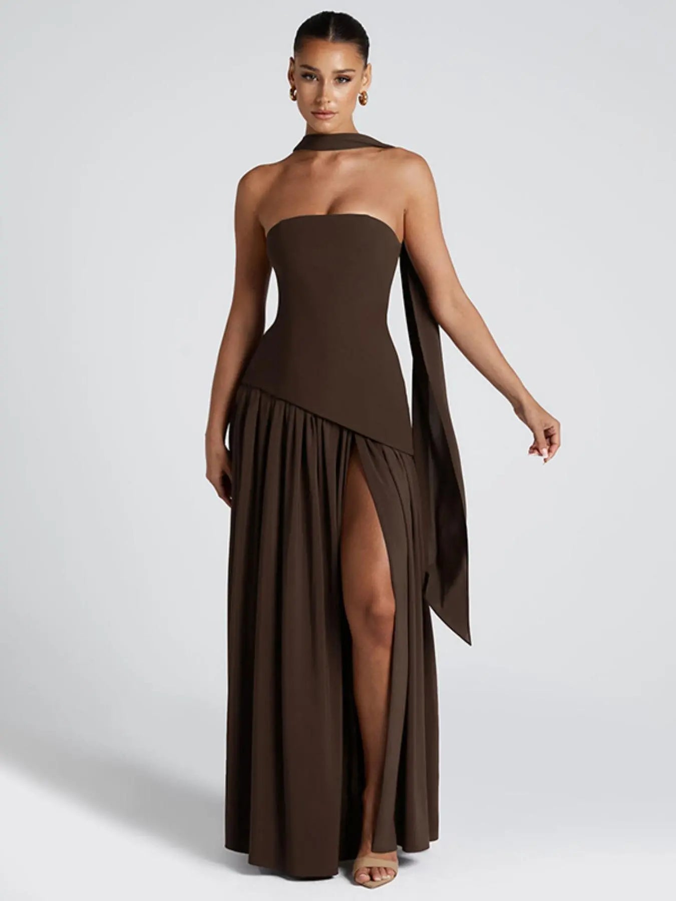 Women'S Plain Split Thigh Tube Dress with Scarf, Elegant Strapless Sleeveless Dress for Party Club Beach Vacation, Ladies Clothes for All Seasons Womenswear