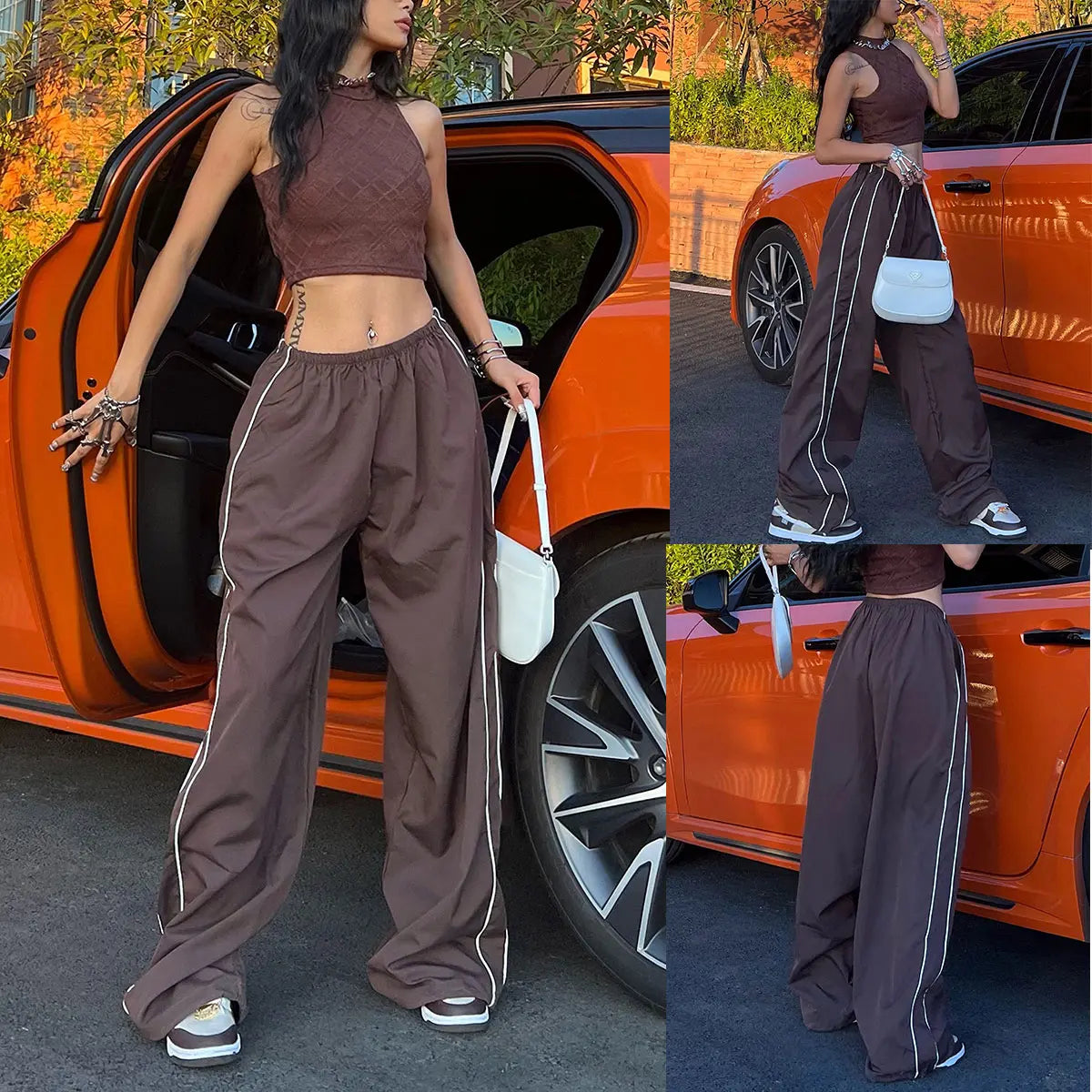 Ommig Women's Y2K Wide Leg Parachute Pants with Elastic Waist - Casual Baggy Trousers