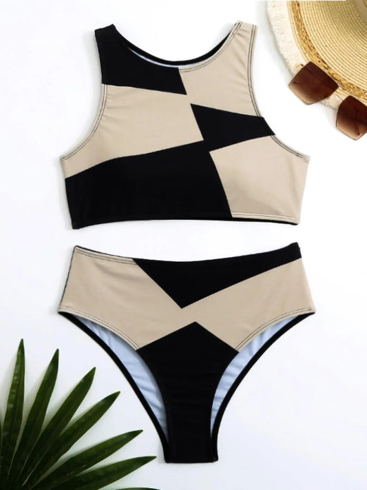 Women'S 2Pcs Colorblock Print Tankini, Summer Clothes Women, Printed Sleeveless round Neck Swim Top & High Cut Swim Bottom Two-Piece Swimsuit, Women'S Swimwear for Summer Beach