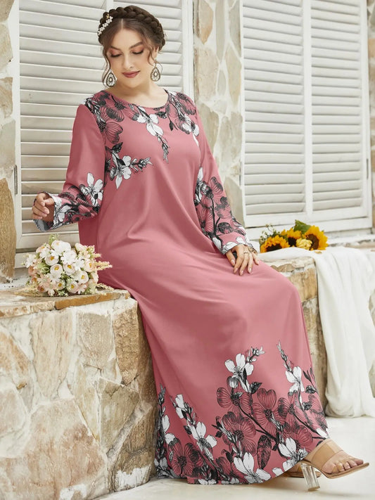 Women'S plus Size Floral Print Long Sleeve round Neck Tunic Dress, Casual Loose Long Dress for Daily Wear, Ladies Fashion Clothes for Autumn