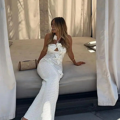 Women'S Blue Halter Knit Dress 3D Flower Knitted Hollow Out Beach Dress Blackless Open Back Swimsuit Cover up Holiday Party Dress