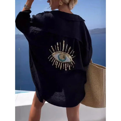 Oversized Sequin Evil Eye Shirts Long Sleeve Linen Button down Shirt Women Beach Cover Ups Summer