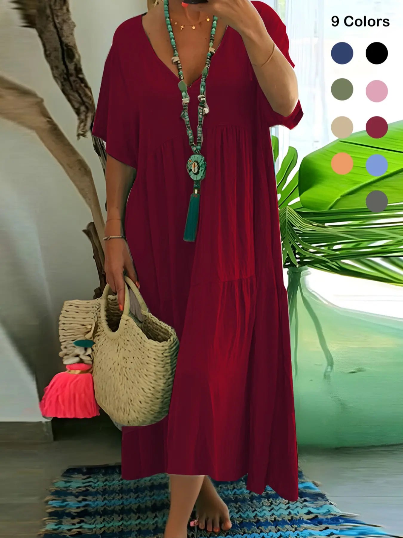 Plus Size Women'S Summer Casual Loose V-Neck Plain Long Dress, Boho Style, Short Sleeve, Tiered Layer, Spring & Fall Fashion