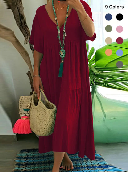 Plus Size Women'S Summer Casual Loose V-Neck Plain Long Dress, Boho Style, Short Sleeve, Tiered Layer, Spring & Fall Fashion