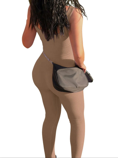 Euro-American Women'S Solid Color Sleeveless Bodysuit, Ribbled Square Neck Backless Design, Slim Fit Athletic Jumpsuit for Active Lifestyle, Sporty Jumpsuit, Backless Sports Jumpsuit, Workout Jumpsuit